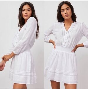 Rails Jasmine Smocked Waist Long Sleeve Linen Blend White Dress Size Large